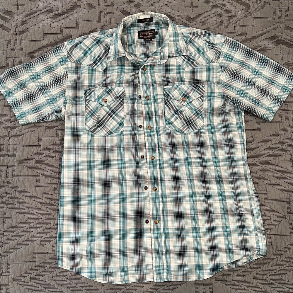 Pendleton Men’s short sleeve frontier shirt, Medium Teal, Grey, Navy